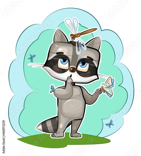 Baby Raccoon loves butterflies. Characters of child stand. Funny dragonfly. A young animal. Cute cartoon style. Comic design. Clipart illustration is isolated on white background. Vector