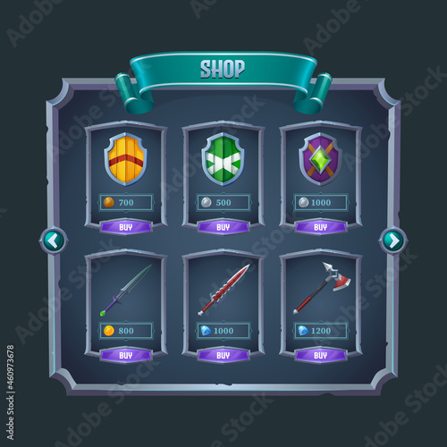 Rpg game shop menu panel with medieval weapon, swords, axe and shields in metal frames. Cartoon vector fantasy adventure graphic design elements, ui or gui warrior weapon items for sale with price