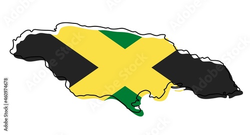 Stylized outline map of Jamaica with national flag icon. Flag color map of Jamaica vector illustration.
