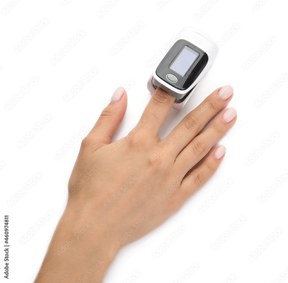 Woman with pulse oximeter on white background Woman with pulse oximeter on white background