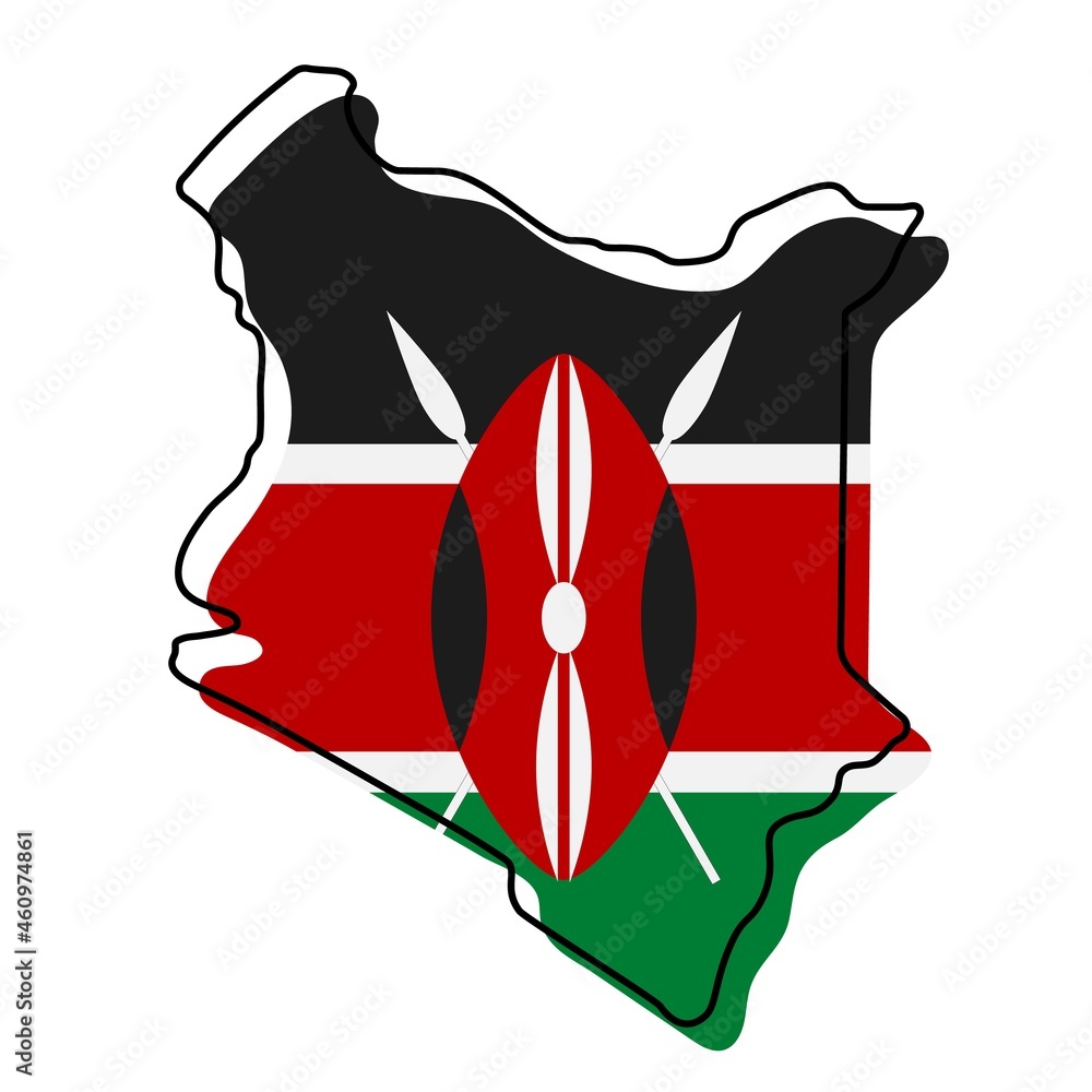 Stylized outline map of Kenya with national flag icon. Flag color map ...