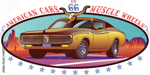
vector image of an American muscle car on the background of the American desert Route 66