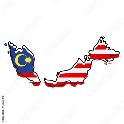 Stylized outline map of Malaysia with national flag icon. Flag color map of Malaysia vector illustration.