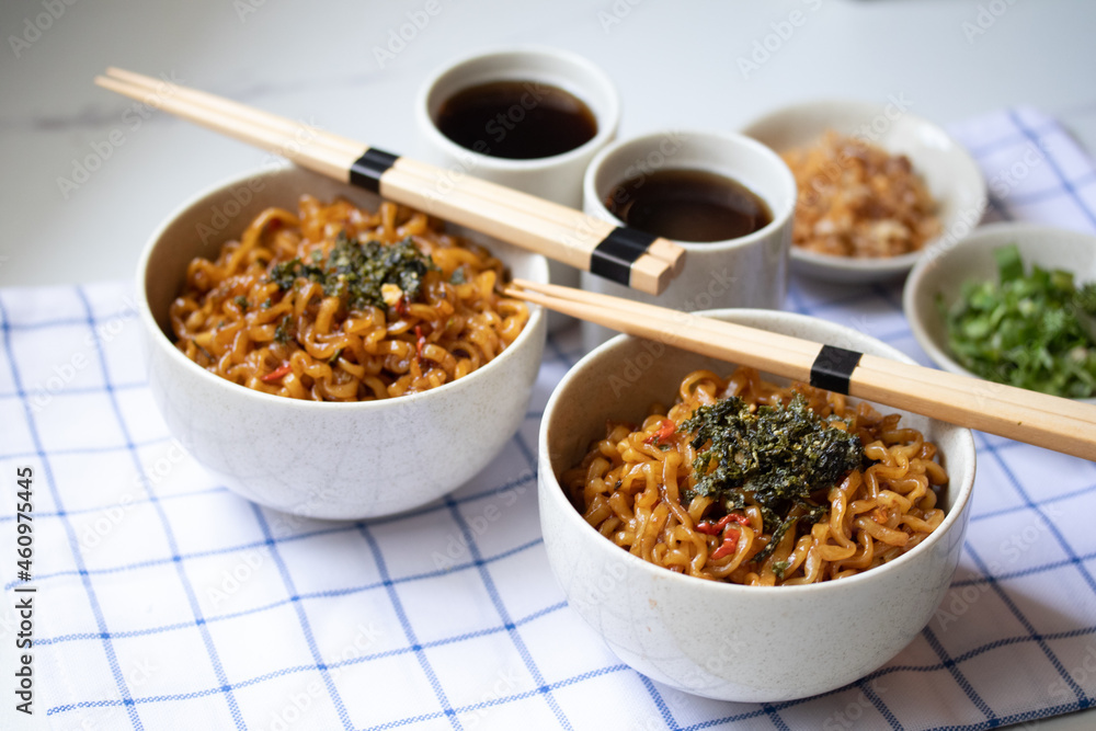 Korean hot and spicy instant noodle and seaweed Korean hot and spicy instant noodle and seaweed