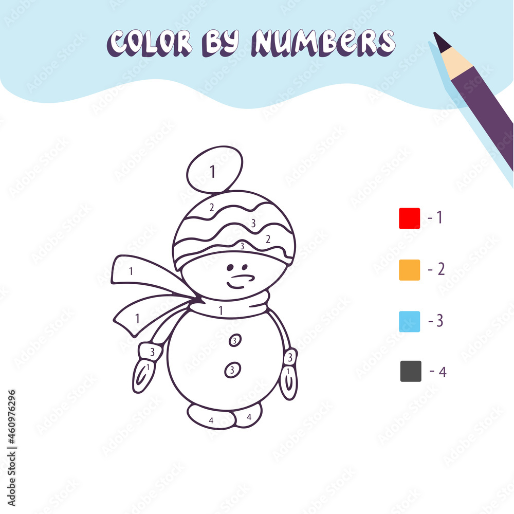 Coloring page with cute Christmas snowman. Color by numbers ...