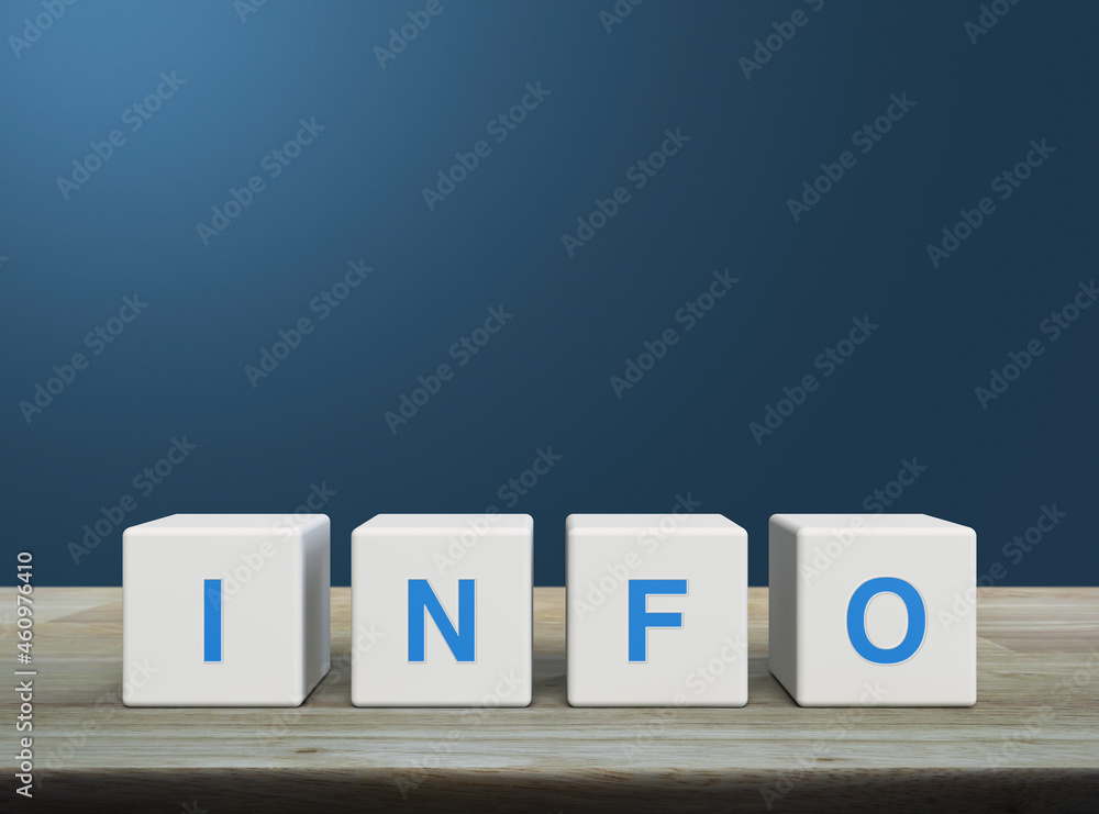 Info letter on white block cubes on wooden table over light blue gradient background, Business customer service and support concept Info letter on white block cubes on wooden table over light blue gradient background, Business customer service and support concept