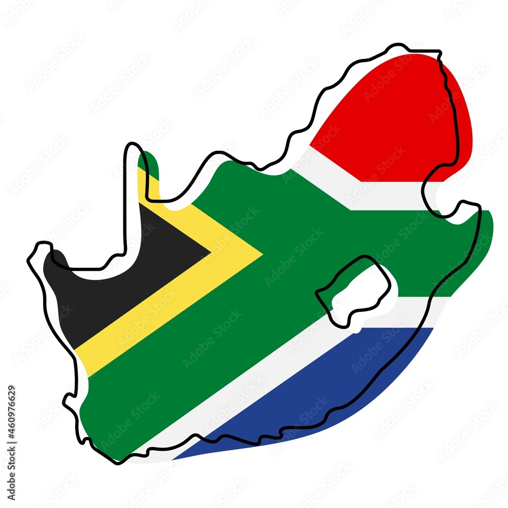 Stylized outline map of South Africa with national flag icon. Flag ...