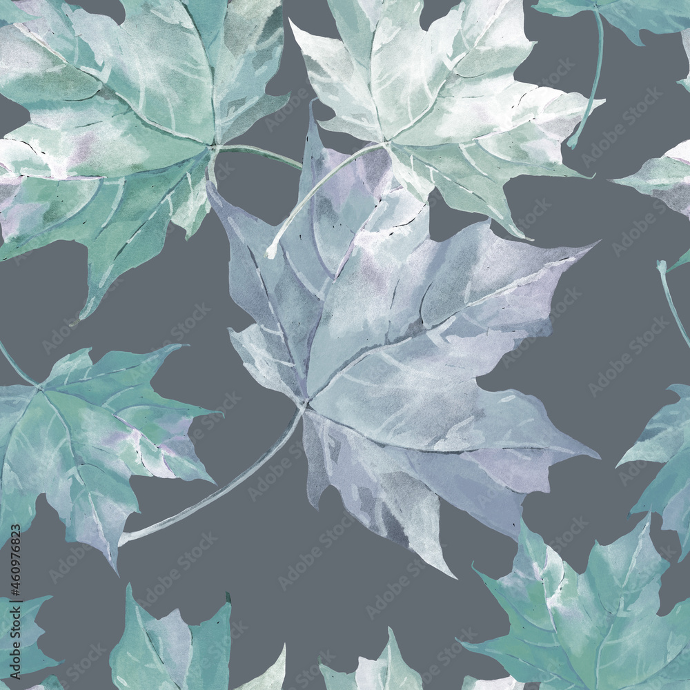 Light turquoise maple leaves watercolor on grey background seamless pattern for all prints.