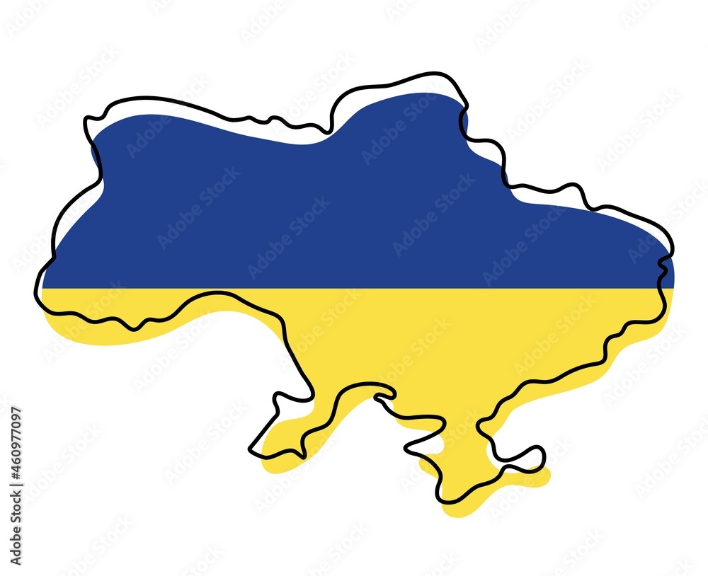 Obraz premium Stylized outline map of Ukraine with national flag icon. Flag color map of Ukraine vector illustration.