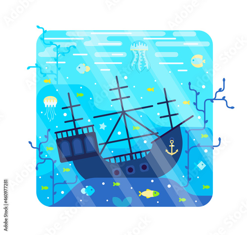 Vector cartoon illustration with sunken ship on the seabed