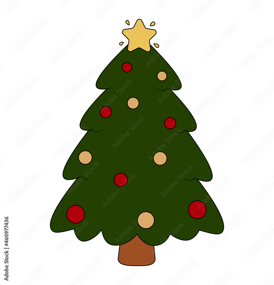 Christmas tree green silhouette with decorations, vector illustration in flat style isolated on white background, template for design, greeting card, invitation.