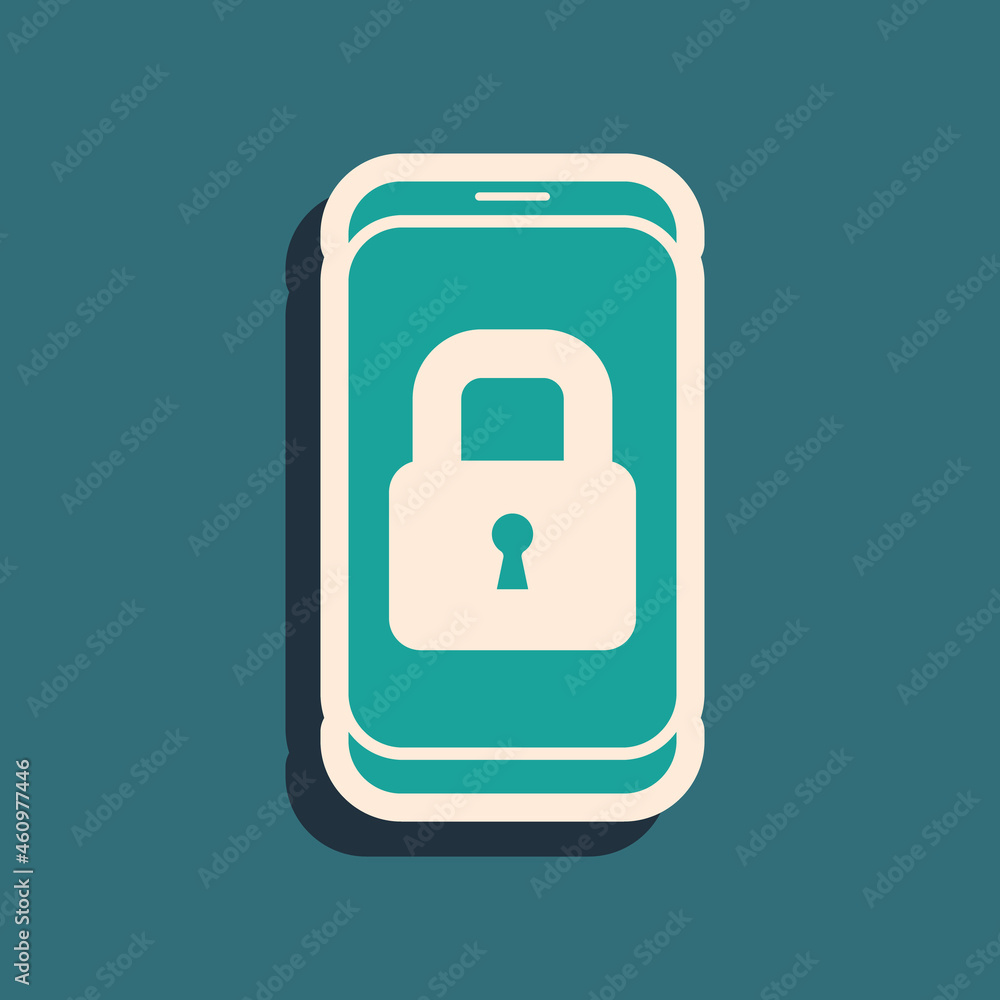 Green Smartphone with closed padlock icon isolated on green background. Phone with lock. Mobile security, safety, protection concept. Long shadow style. Vector Green Smartphone with closed padlock icon isolated on green background. Phone with lock. Mobile security, safety, protection concept. Long shadow style. Vector