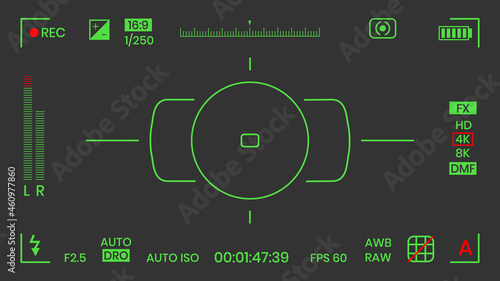 Camera viewfinder night vision video or photo frame recorder flat style design vector illustration. Digital camera viewfinder with exposure settings and focusing grid template.