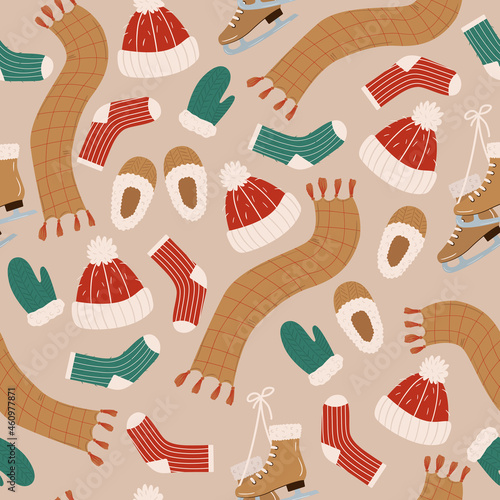 Seamless pattern with hand drawn warm winter clothes. Vector illustration of scarf, hat, slippers, mitten, ice skates. Accessory for cold weather. Background template, wrapping paper, textile