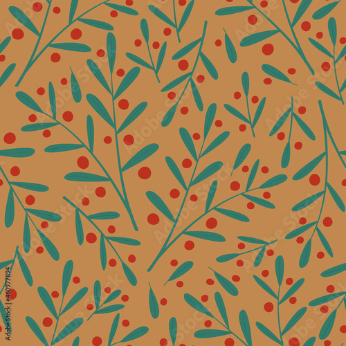 Hand drawn abstract seamless pattern with red winter berries and green leaves on brown background. Doodle illustration of rowan. Christmas wrapping paper, wallpaper, textile, backdrop