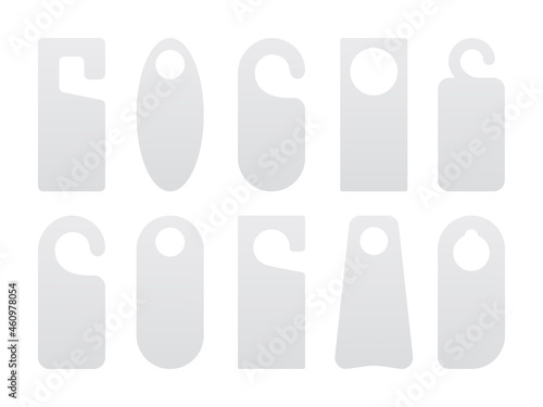 Hotel door hanger tags template icon signs set flat style design vector illustration. Empty door flyer or do not disturb mock up isolated on white background.