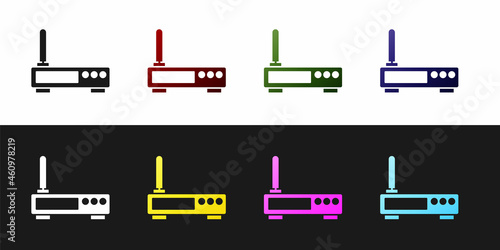 Set Router and wi-fi signal icon isolated on black and white background. Wireless ethernet modem router. Computer technology internet. Vector