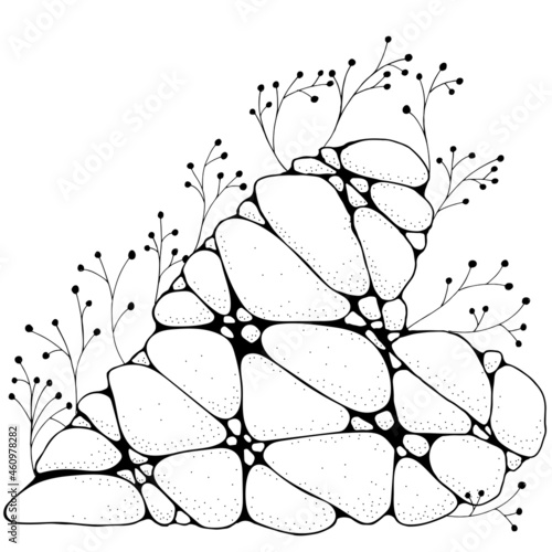 A stone heart overgrown with grass. Pattern for adult coloring book. Artistically hand-drawn heart in vector. Valentine's day. Doodle, zentangle, henna, tribal design elements. Black and white. © ImHope