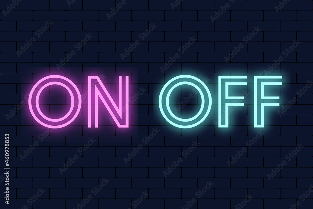 Button On Off neon sign vector design template. Button On Off neon design, light banner, design element, night bright advertising, bright sign. Button On Off neon sign vector design template. Button On Off neon design, light banner, design element, night bright advertising, bright sign.