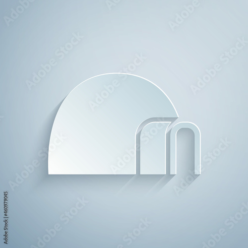 Paper cut Igloo ice house icon isolated on grey background. Snow home, Eskimo dome-shaped hut winter shelter, made of blocks. Paper art style. Vector