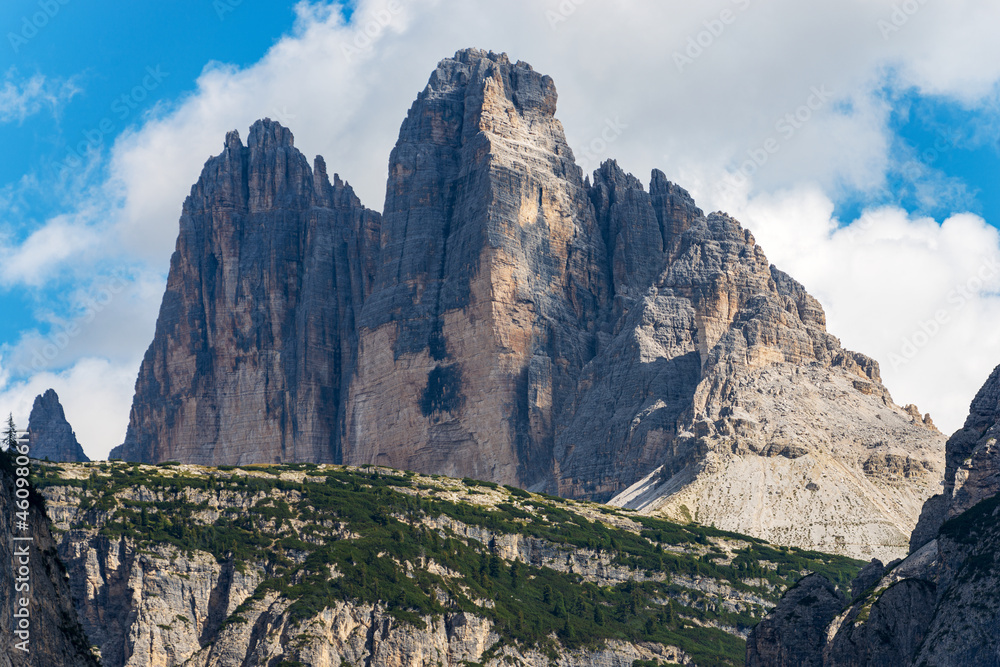 Rock north face of the three peaks of Lavaredo (Tre Cime di Lavaredo or Drei Zinnen), famous mountain peaks of Sesto Dolomites, UNESCO world heritage site, Trentino-Alto Adige, Veneto, Italy, Europe.