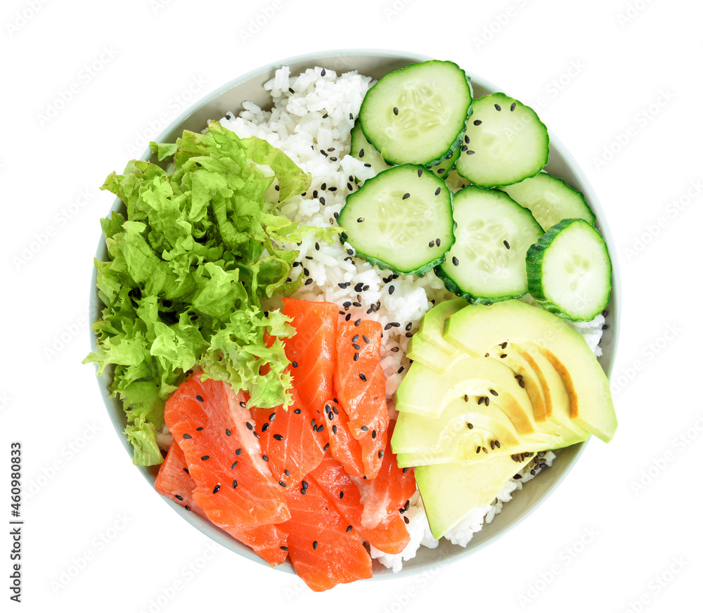 Tasty poke bowl on white background Tasty poke bowl on white background