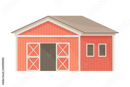 Red wooden barn farm building flat vector illustration