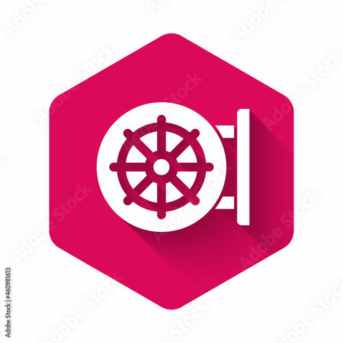 White Dharma wheel icon isolated with long shadow background. Buddhism religion sign. Dharmachakra symbol. Pink hexagon button. Vector
