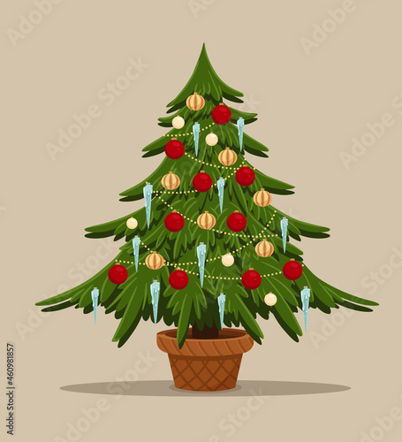 Cartoon stylized fir with toys. Christmas tree decorated pile balls, icecle and garland. Spruce in pot. Merry christmas and happy new year photo