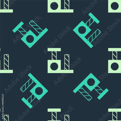 Green and beige Cat scratching post with toy icon isolated seamless pattern on blue background. Vector