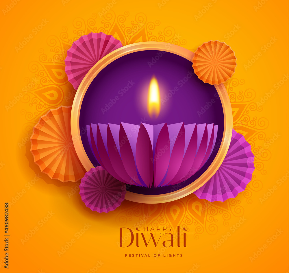 Happy Diwali. Paper graphic of Indian Diya oil lamp design with round border frame. The Festival of Lights. Happy Diwali. Paper graphic of Indian Diya oil lamp design with round border frame. The Festival of Lights.