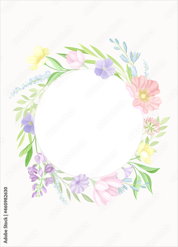Card template with round shape floral frame. Wedding invitation, postcard, poster, flyer with flowers in pastel colors vector illustration
