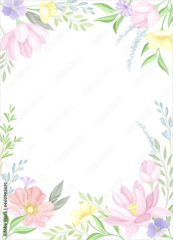 Card template with floral frame. Wedding invitation, postcard, poster, flyer with flowers in pastel colors vector illustration