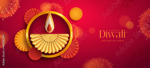 Happy Diwali. Paper graphic of Indian Diya oil lamp design with round border frame on Indian festive theme big banner background. The Festival of Lights.