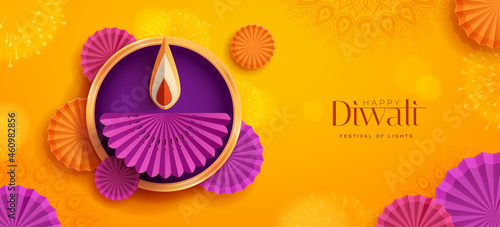 Happy Diwali. Paper graphic of Indian Diya oil lamp design with round border frame on Indian festive theme big banner background. The Festival of Lights.