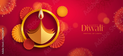 Happy Diwali. Paper graphic of Indian Diya oil lamp design with round border frame on Indian festive theme big banner background. The Festival of Lights.