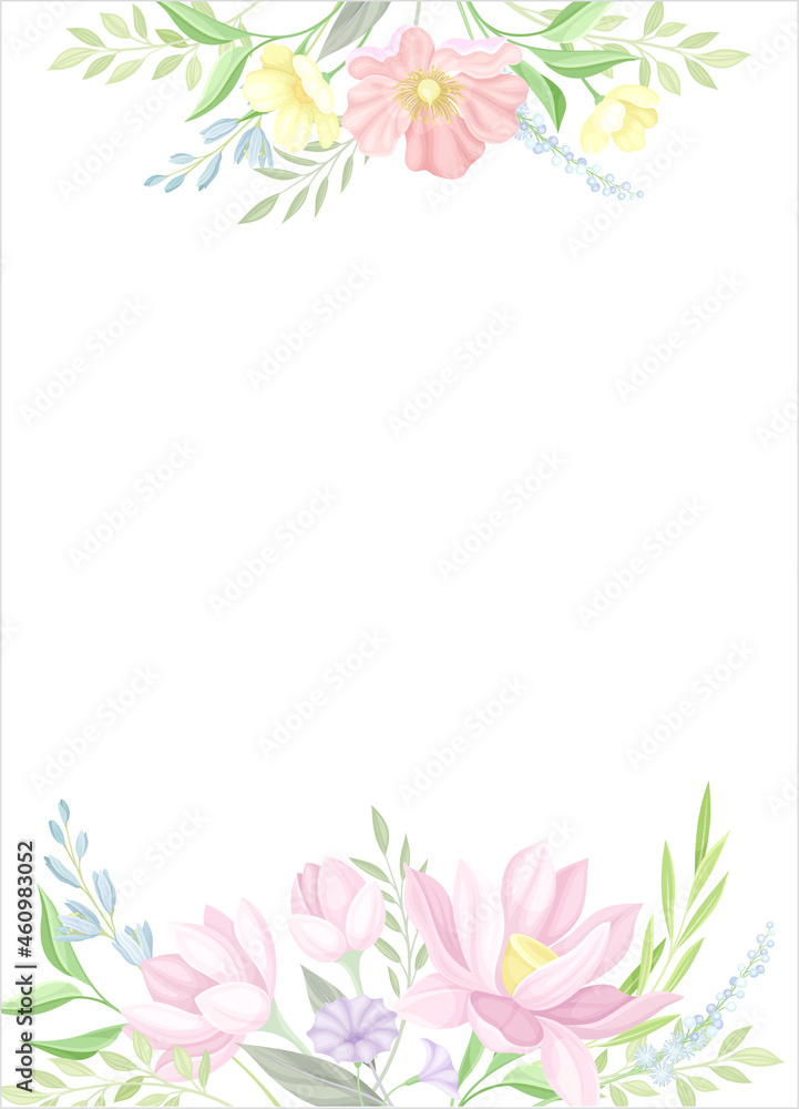 Card template with flowers in pastel colors. Wedding invitation, postcard, banner, poster with floral design abd space for text vector illustration