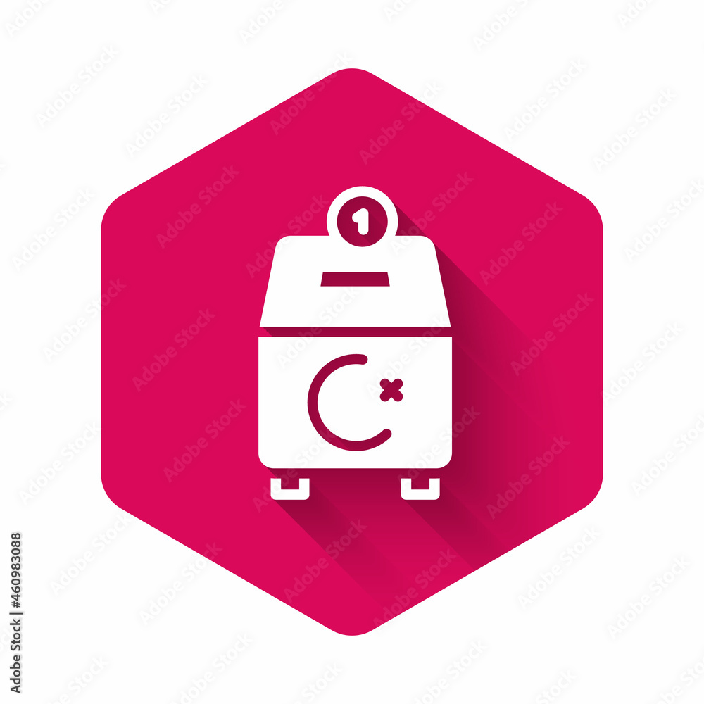 White Donate or pay your zakat as muslim obligatory icon isolated with long shadow background. Muslim charity or alms in ramadan kareem before eid al-fir. Pink hexagon button. Vector