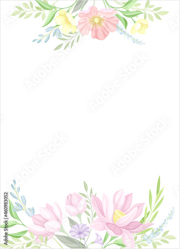 Card template with flowers in pastel colors. Wedding invitation, postcard, banner, poster with floral design abd space for text vector illustration