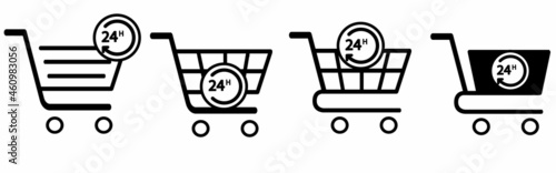 Logo 24 hours 7 days with silhouette of shopping cart with lines in white background 