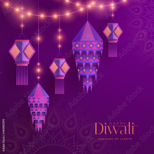 Happy Diwali. Group of paper graphic Indian lantern. The Festival of Lights.