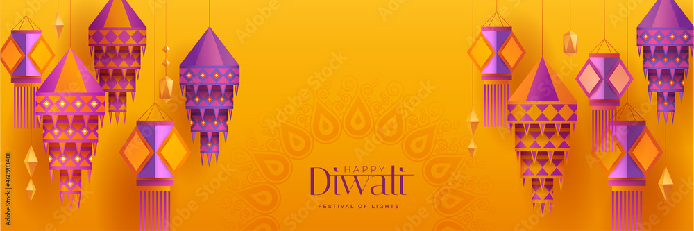 Happy Diwali. Group of paper graphic Indian lantern on Indian festive theme big banner background. The Festival of Lights. - obrazy, fototapety, plakaty 