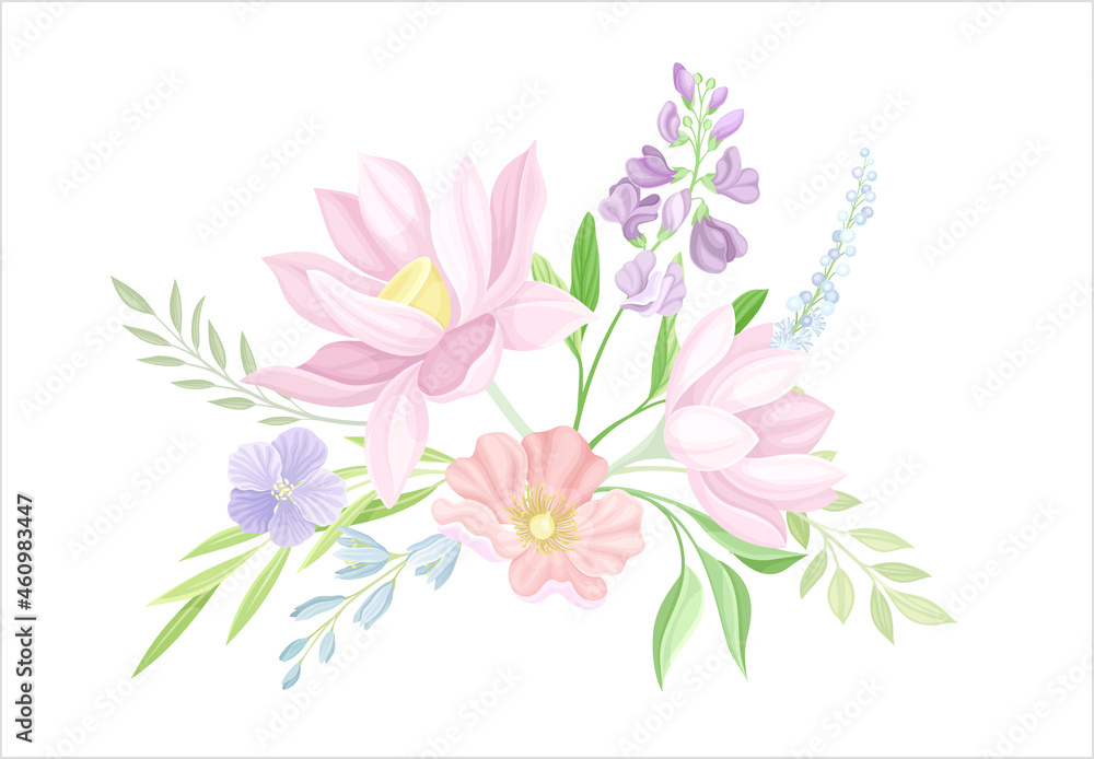 Card with flowers in pastel colors. Wedding invitation, save the date, thank you, rsvp vector illustration