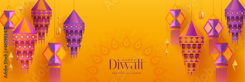 Happy Diwali. Group of paper graphic Indian lantern on Indian festive theme big banner background. The Festival of Lights.