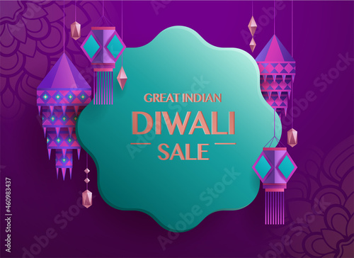 Great Indian Diwali Sale. Flower shaped gift tag with group of paper graphic Indian lantern. The Festival of Lights.