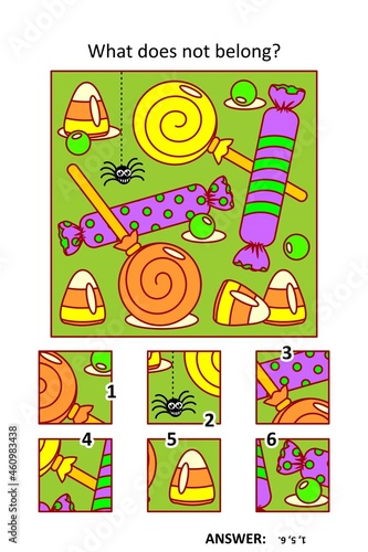 Visual puzzle with picture fragments. Halloween candy and sweets. What does not belong?
