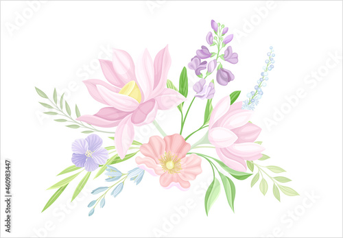 Card with flowers in pastel colors. Wedding invitation, save the date, thank you, rsvp vector illustration
