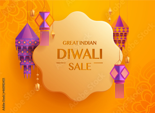 Great Indian Diwali Sale. Flower shaped gift tag with group of paper graphic Indian lantern. The Festival of Lights.