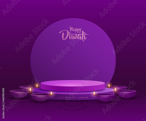 3D illustration of podium stage scene with Indian Diwali Diya oil lamp and round blank card. The Festival of Lights.