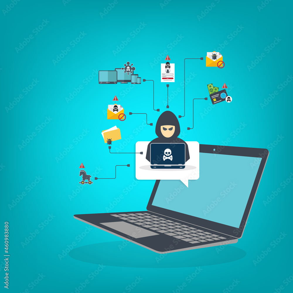 Vecteur Stock Hacker with laptop computer stealing confidential data ...